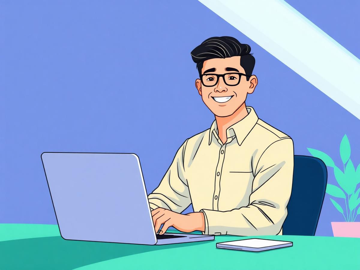 Empresário tranquilo utilizando o GECE em um notebook